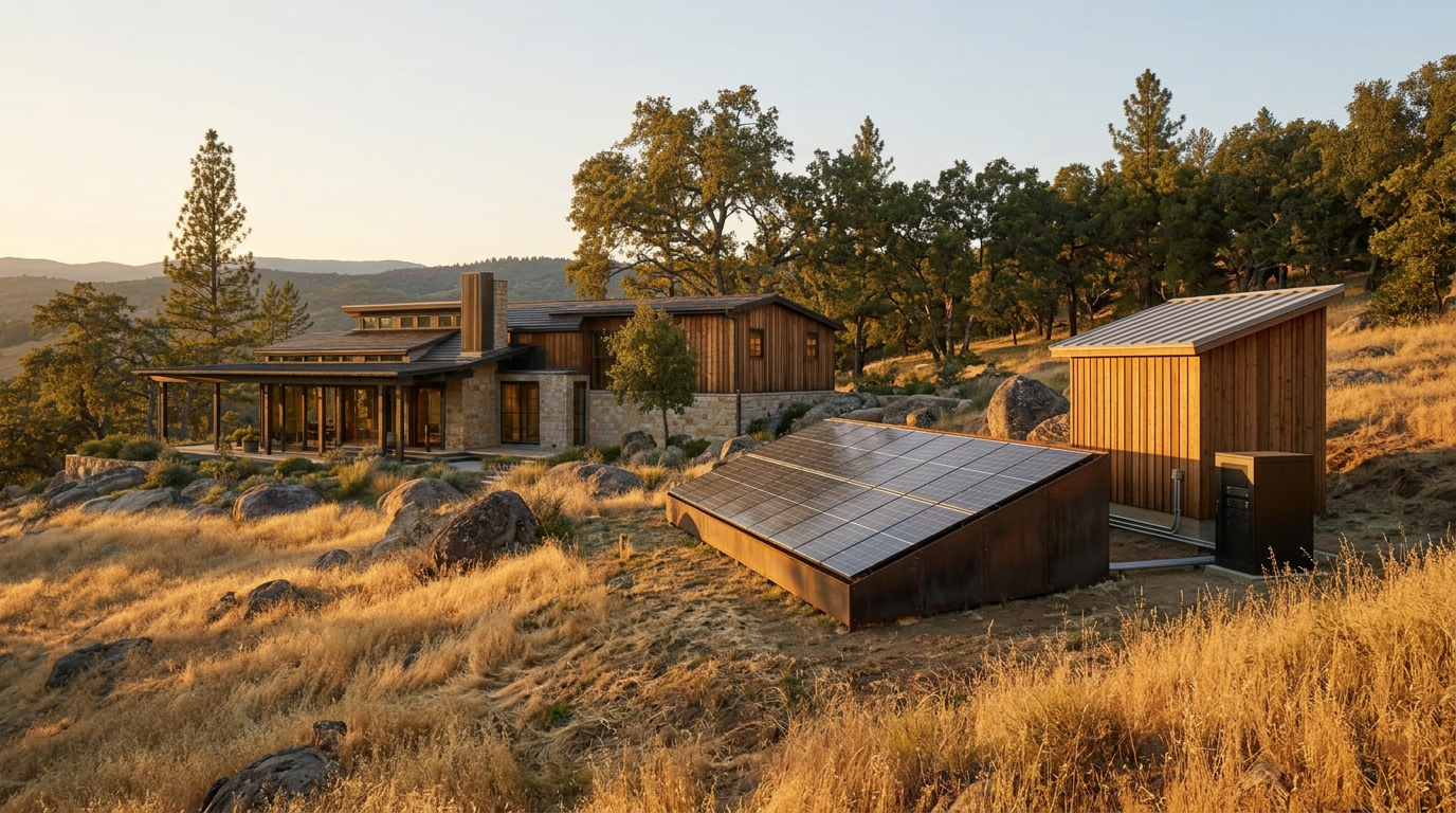 A solar-powered homestead set into a dry, wooded landscape