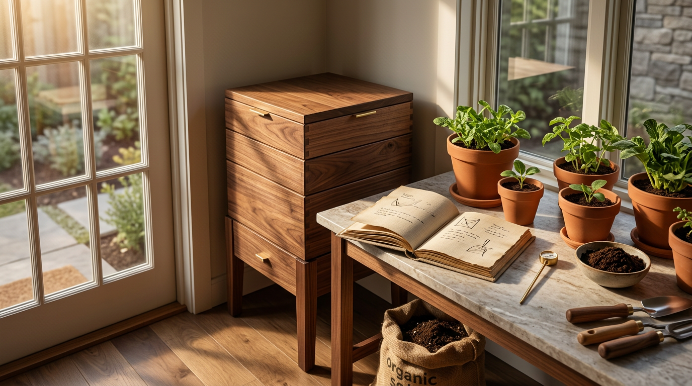 A sunlit garden workbench with seedlings, soil, and a worm composting bin